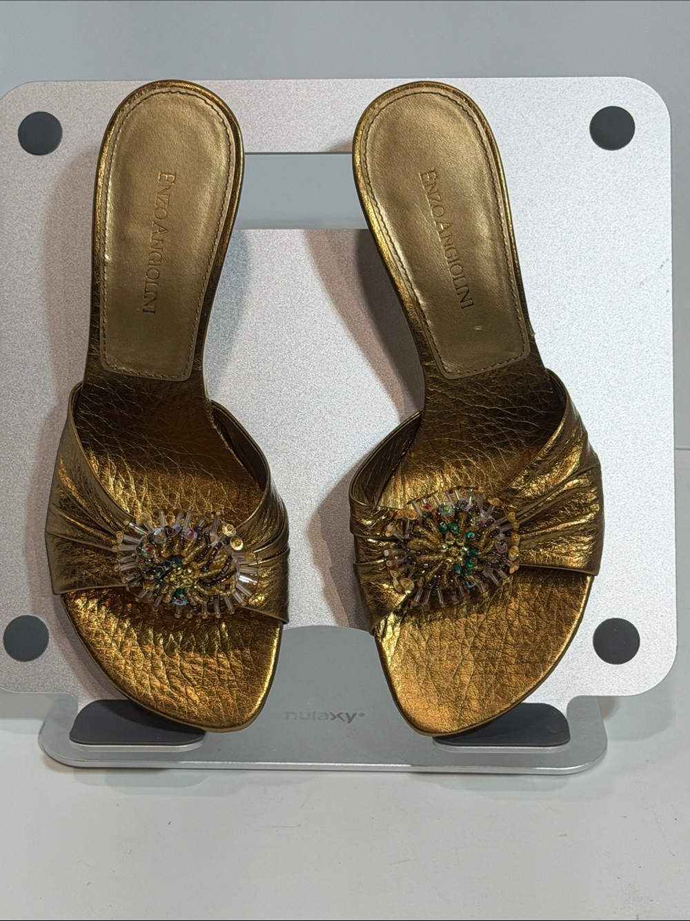 Enzo Angiolini Metallic Bronze Gold Beaded Flower Mule Slide